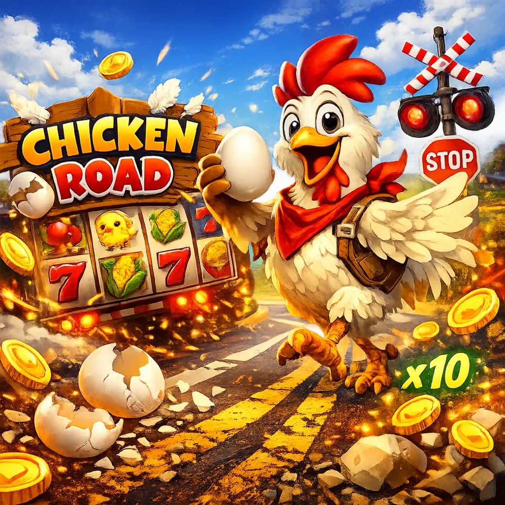 Dynamic promotional image featuring a funny chicken on a road with floating coins and feathers, inspired by Chicken Road casi